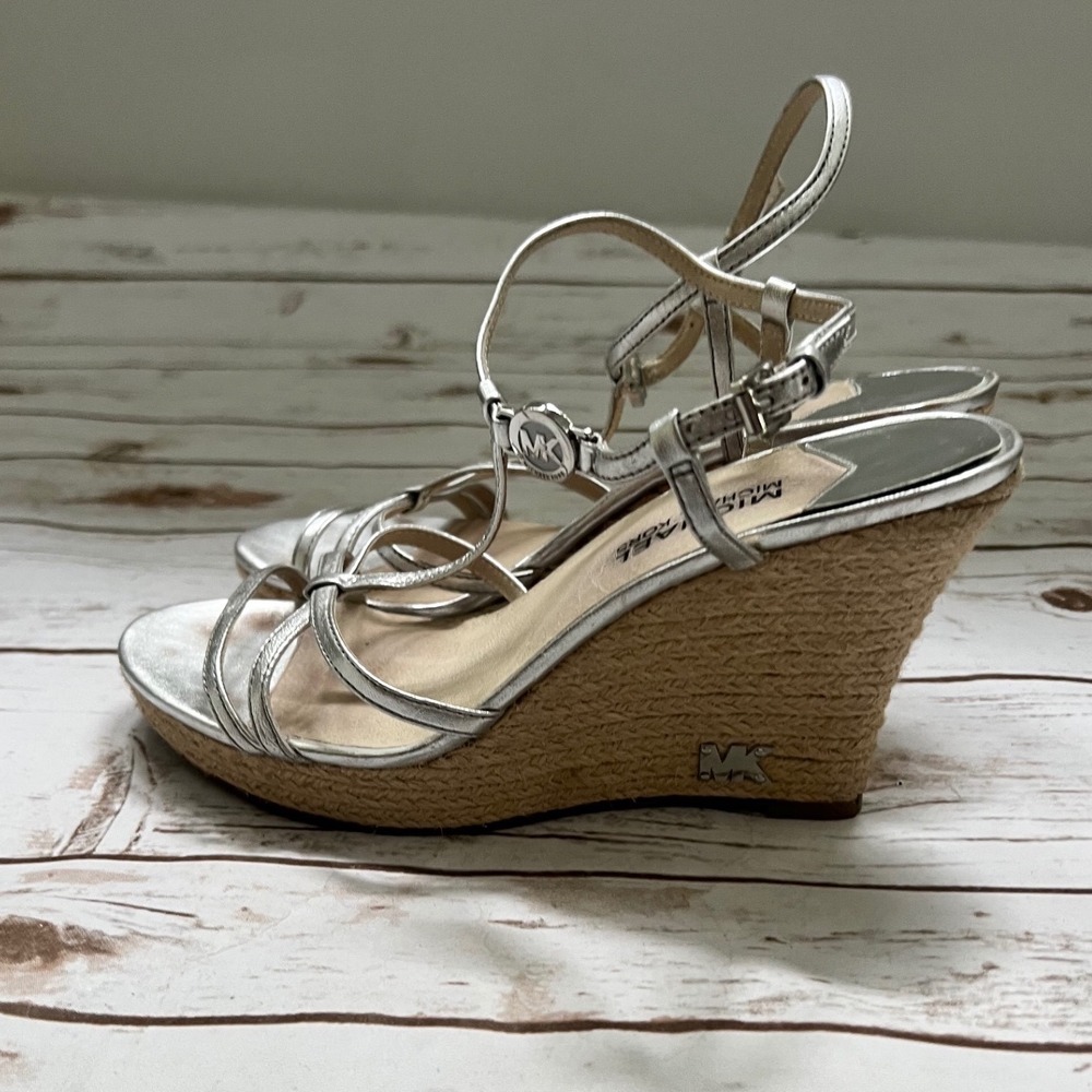 Michael Michael Kors Wedge Sandal Silver Metallic Espadrille Strappy 8.5